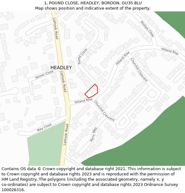 1, POUND CLOSE, HEADLEY, BORDON, GU35 8LU: Location map and indicative extent of plot
