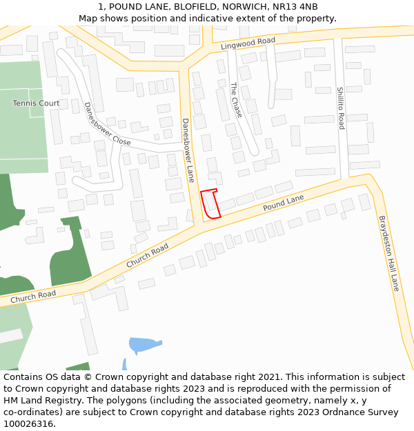 1, POUND LANE, BLOFIELD, NORWICH, NR13 4NB: Location map and indicative extent of plot