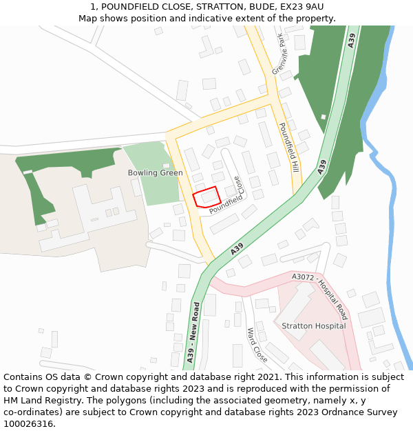 1, POUNDFIELD CLOSE, STRATTON, BUDE, EX23 9AU: Location map and indicative extent of plot