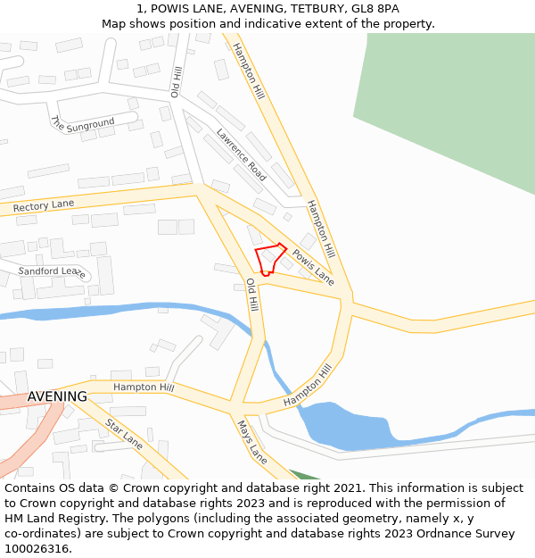 1, POWIS LANE, AVENING, TETBURY, GL8 8PA: Location map and indicative extent of plot