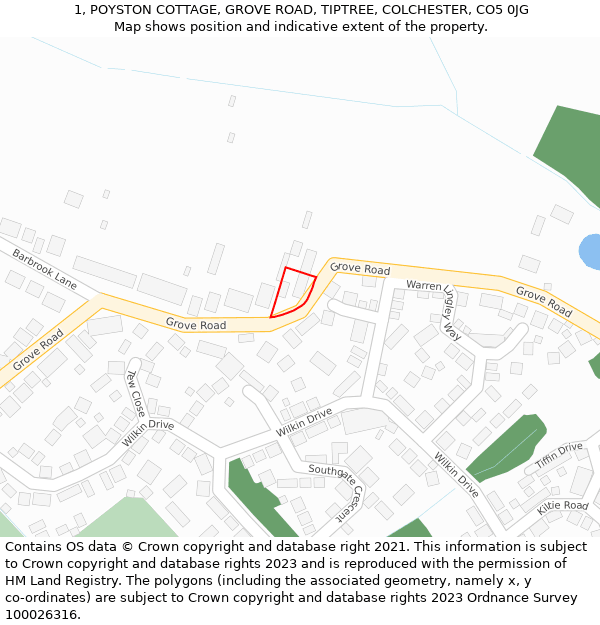 1, POYSTON COTTAGE, GROVE ROAD, TIPTREE, COLCHESTER, CO5 0JG: Location map and indicative extent of plot