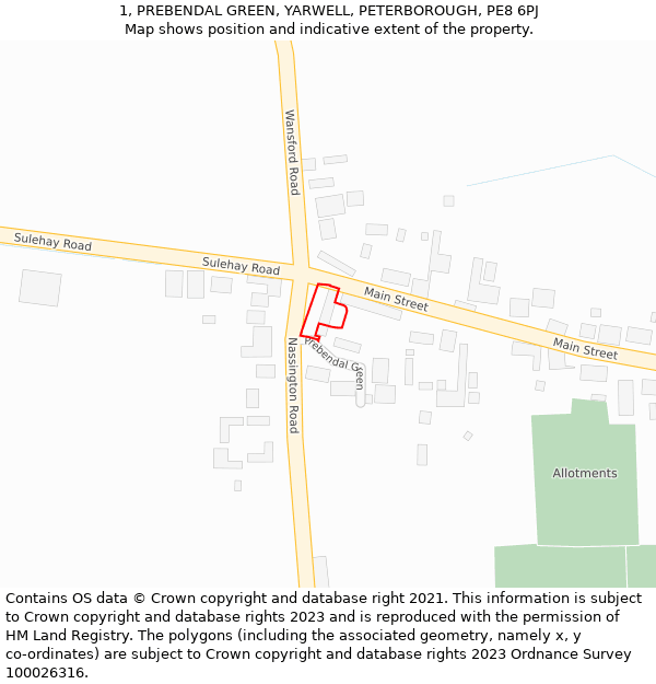 1, PREBENDAL GREEN, YARWELL, PETERBOROUGH, PE8 6PJ: Location map and indicative extent of plot