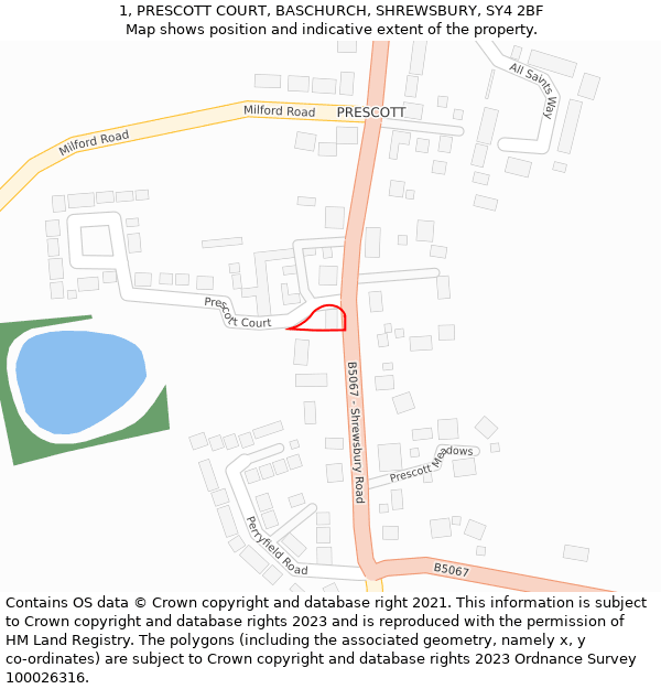 1, PRESCOTT COURT, BASCHURCH, SHREWSBURY, SY4 2BF: Location map and indicative extent of plot