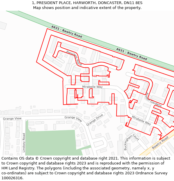 1, PRESIDENT PLACE, HARWORTH, DONCASTER, DN11 8ES: Location map and indicative extent of plot