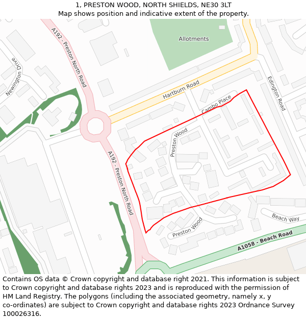 1, PRESTON WOOD, NORTH SHIELDS, NE30 3LT: Location map and indicative extent of plot