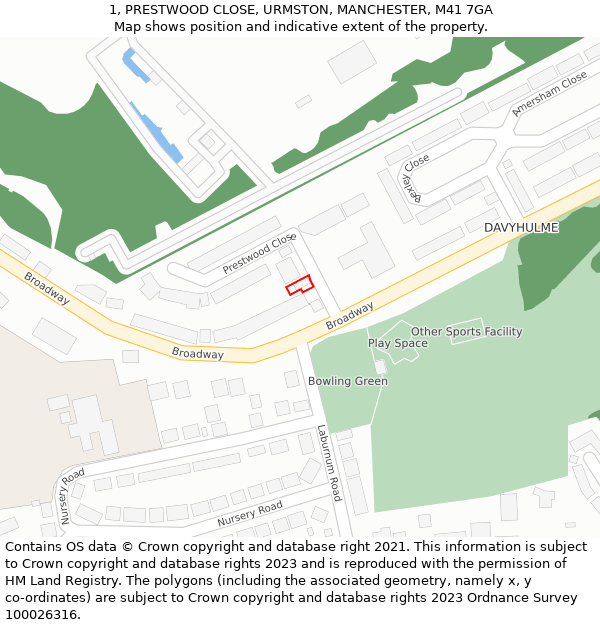 1, PRESTWOOD CLOSE, URMSTON, MANCHESTER, M41 7GA: Location map and indicative extent of plot