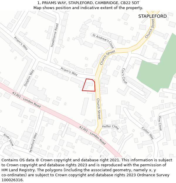 1, PRIAMS WAY, STAPLEFORD, CAMBRIDGE, CB22 5DT: Location map and indicative extent of plot