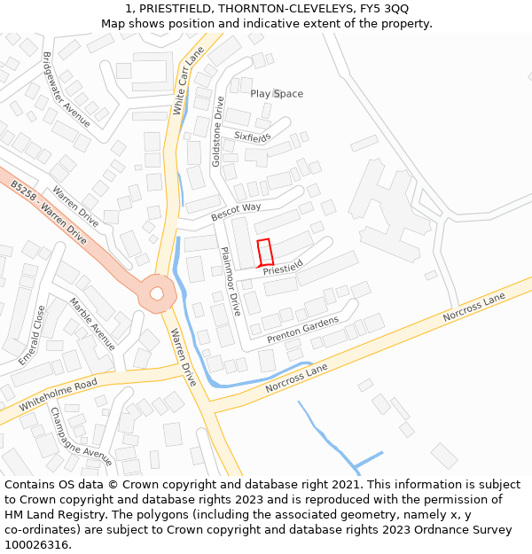 1, PRIESTFIELD, THORNTON-CLEVELEYS, FY5 3QQ: Location map and indicative extent of plot