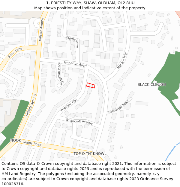1, PRIESTLEY WAY, SHAW, OLDHAM, OL2 8HU: Location map and indicative extent of plot