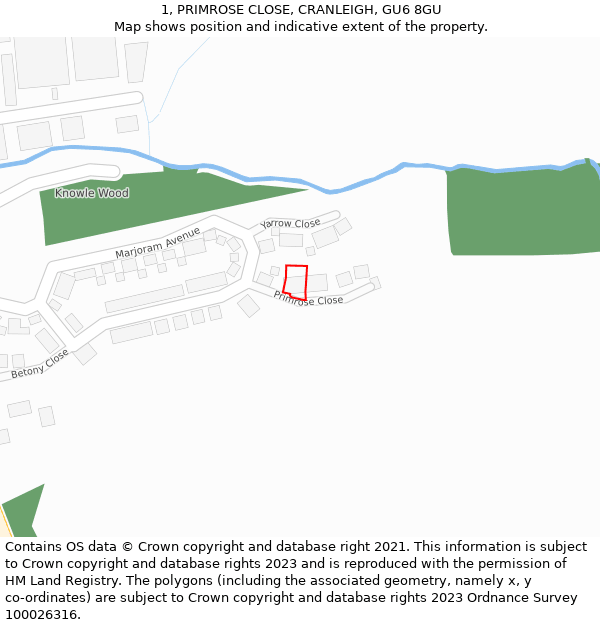 1, PRIMROSE CLOSE, CRANLEIGH, GU6 8GU: Location map and indicative extent of plot
