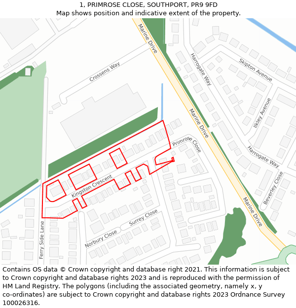 1, PRIMROSE CLOSE, SOUTHPORT, PR9 9FD: Location map and indicative extent of plot