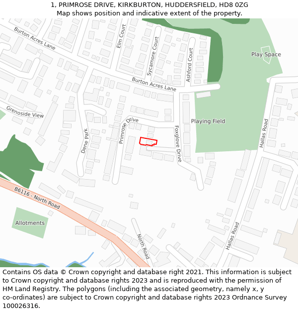 1, PRIMROSE DRIVE, KIRKBURTON, HUDDERSFIELD, HD8 0ZG: Location map and indicative extent of plot