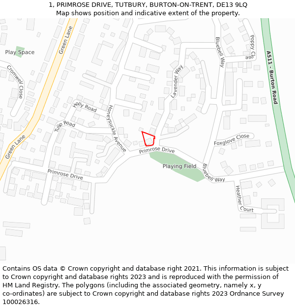 1, PRIMROSE DRIVE, TUTBURY, BURTON-ON-TRENT, DE13 9LQ: Location map and indicative extent of plot