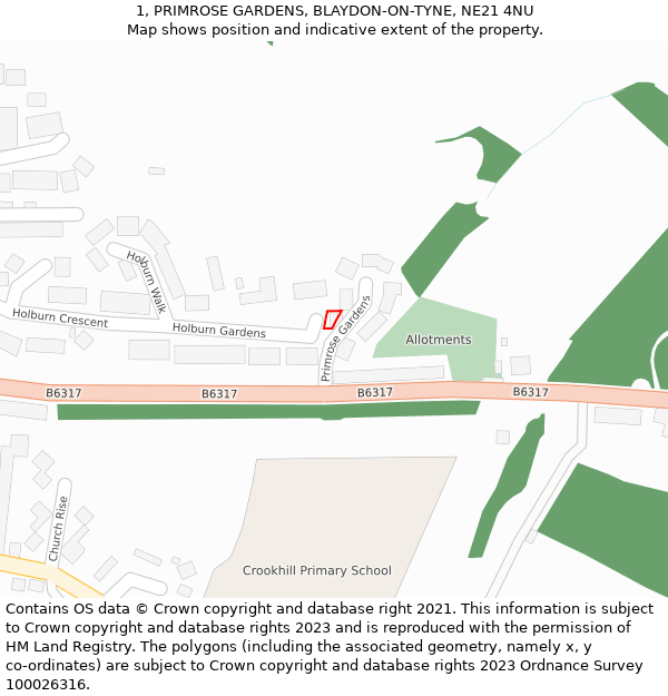 1, PRIMROSE GARDENS, BLAYDON-ON-TYNE, NE21 4NU: Location map and indicative extent of plot