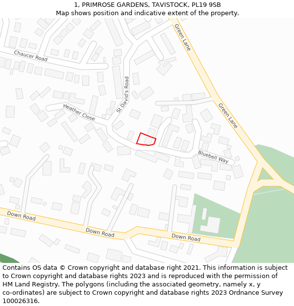 1, PRIMROSE GARDENS, TAVISTOCK, PL19 9SB: Location map and indicative extent of plot