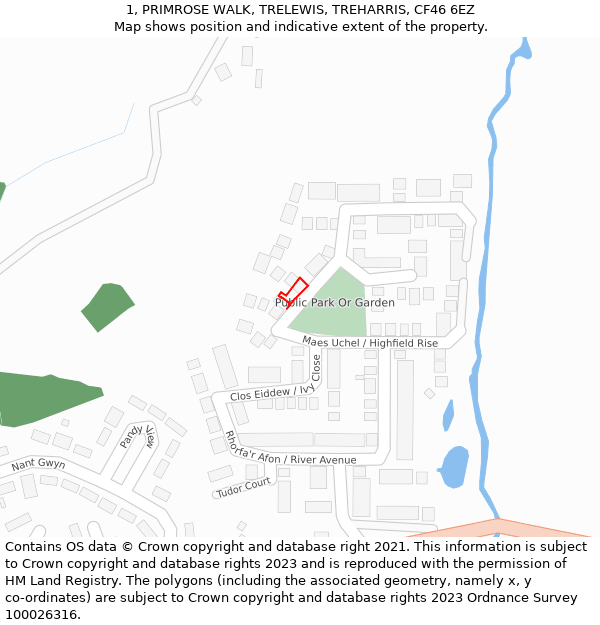 1, PRIMROSE WALK, TRELEWIS, TREHARRIS, CF46 6EZ: Location map and indicative extent of plot