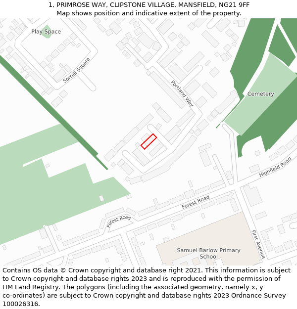 1, PRIMROSE WAY, CLIPSTONE VILLAGE, MANSFIELD, NG21 9FF: Location map and indicative extent of plot