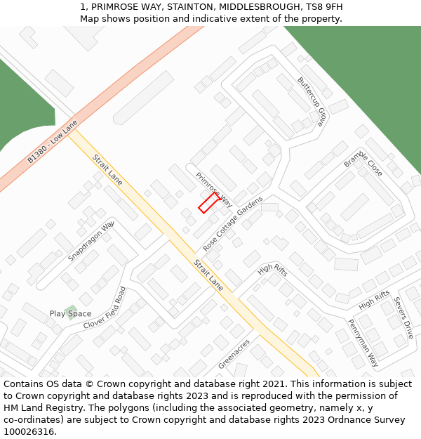 1, PRIMROSE WAY, STAINTON, MIDDLESBROUGH, TS8 9FH: Location map and indicative extent of plot