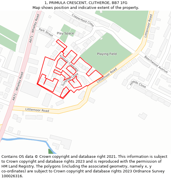 1, PRIMULA CRESCENT, CLITHEROE, BB7 1FG: Location map and indicative extent of plot