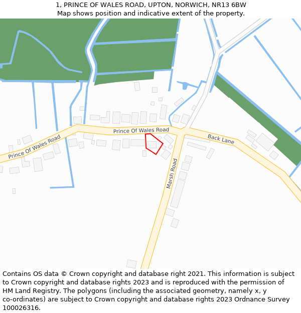 1, PRINCE OF WALES ROAD, UPTON, NORWICH, NR13 6BW: Location map and indicative extent of plot
