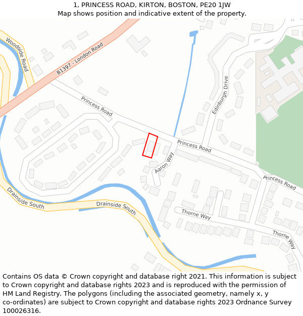 1, PRINCESS ROAD, KIRTON, BOSTON, PE20 1JW: Location map and indicative extent of plot