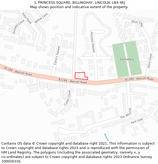 1, PRINCESS SQUARE, BILLINGHAY, LINCOLN, LN4 4EJ: Location map and indicative extent of plot