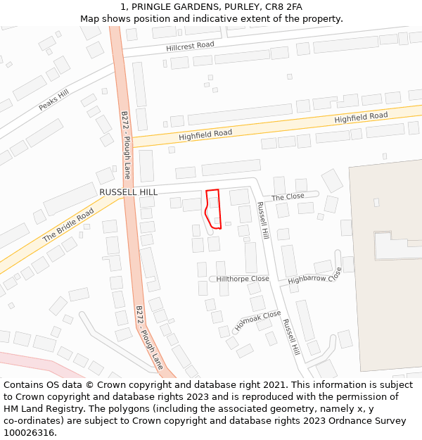 1, PRINGLE GARDENS, PURLEY, CR8 2FA: Location map and indicative extent of plot