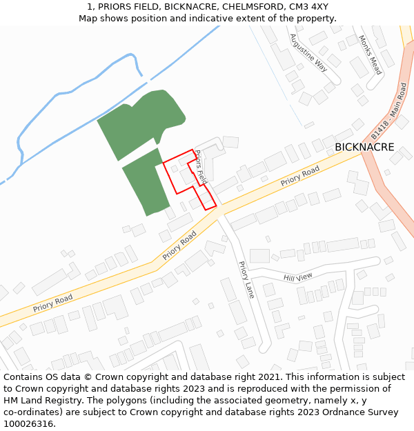 1, PRIORS FIELD, BICKNACRE, CHELMSFORD, CM3 4XY: Location map and indicative extent of plot