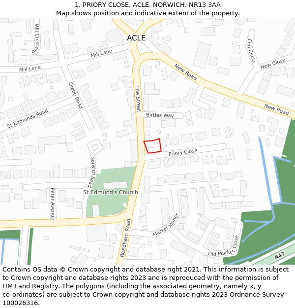 1, PRIORY CLOSE, ACLE, NORWICH, NR13 3AA: Location map and indicative extent of plot