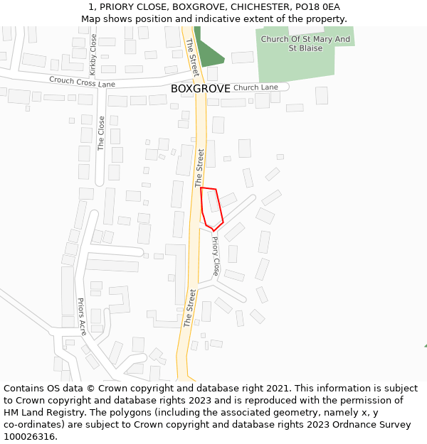 1, PRIORY CLOSE, BOXGROVE, CHICHESTER, PO18 0EA: Location map and indicative extent of plot