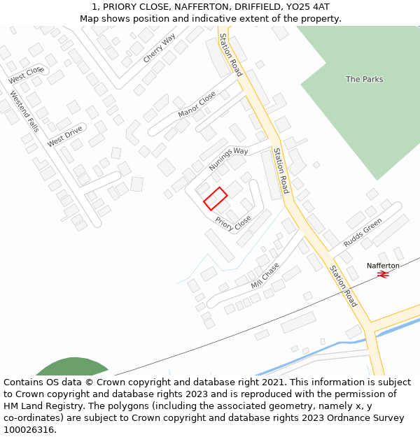 1, PRIORY CLOSE, NAFFERTON, DRIFFIELD, YO25 4AT: Location map and indicative extent of plot