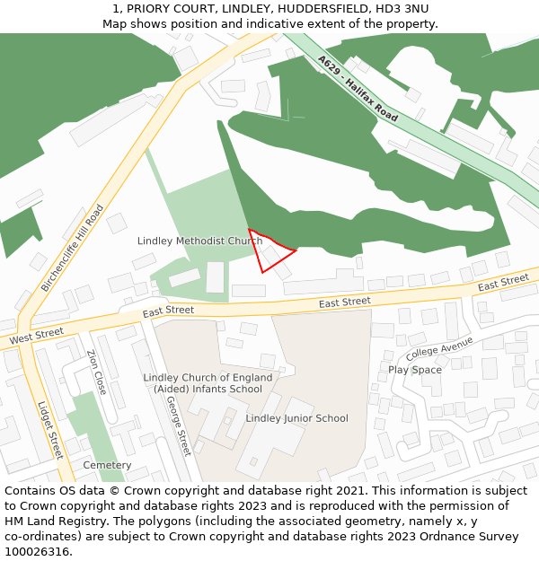 1, PRIORY COURT, LINDLEY, HUDDERSFIELD, HD3 3NU: Location map and indicative extent of plot