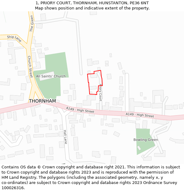 1, PRIORY COURT, THORNHAM, HUNSTANTON, PE36 6NT: Location map and indicative extent of plot