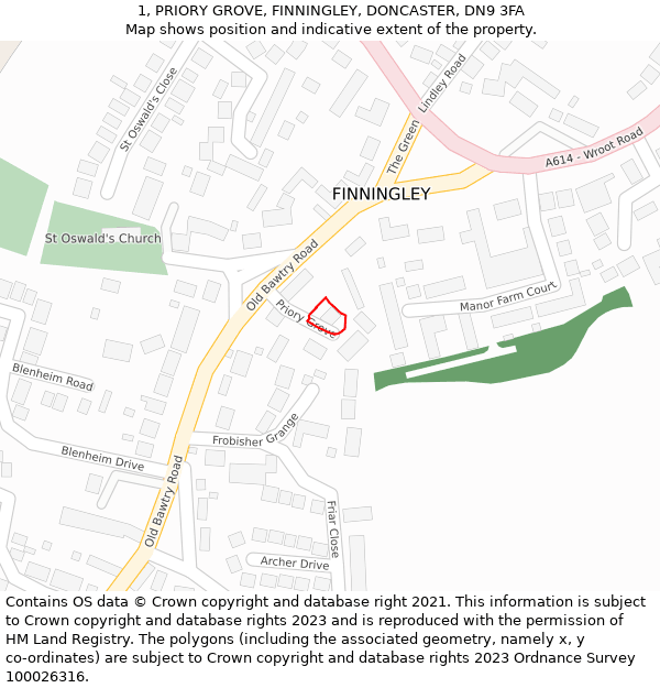 1, PRIORY GROVE, FINNINGLEY, DONCASTER, DN9 3FA: Location map and indicative extent of plot
