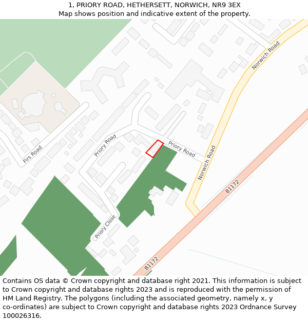 1, PRIORY ROAD, HETHERSETT, NORWICH, NR9 3EX: Location map and indicative extent of plot