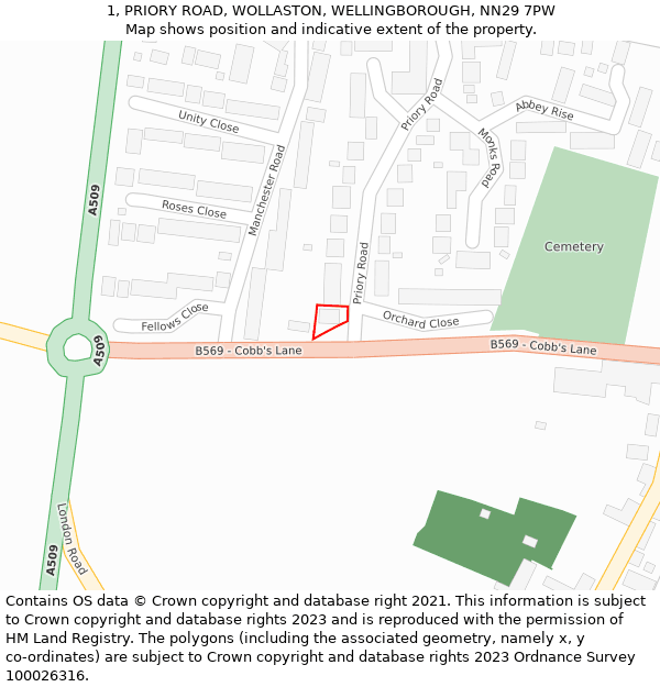 1, PRIORY ROAD, WOLLASTON, WELLINGBOROUGH, NN29 7PW: Location map and indicative extent of plot