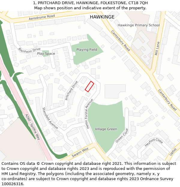 1, PRITCHARD DRIVE, HAWKINGE, FOLKESTONE, CT18 7QH: Location map and indicative extent of plot