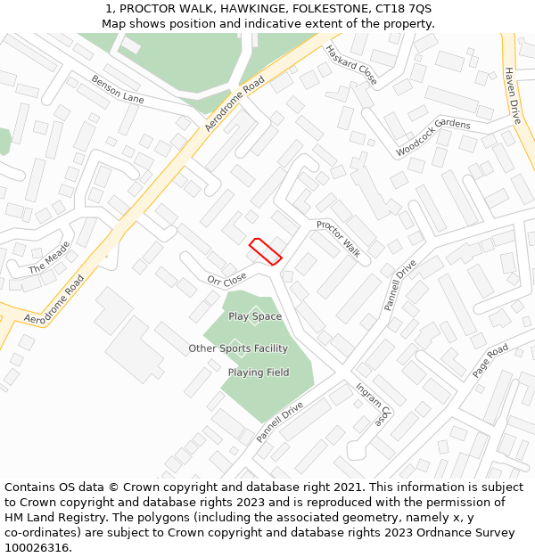 1, PROCTOR WALK, HAWKINGE, FOLKESTONE, CT18 7QS: Location map and indicative extent of plot