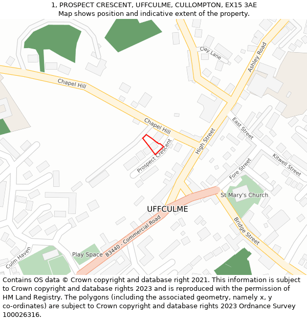 1, PROSPECT CRESCENT, UFFCULME, CULLOMPTON, EX15 3AE: Location map and indicative extent of plot
