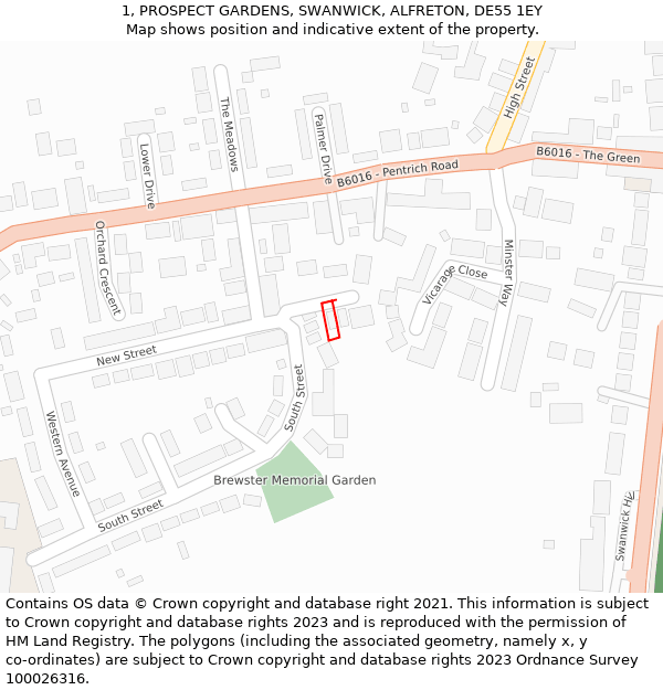 1, PROSPECT GARDENS, SWANWICK, ALFRETON, DE55 1EY: Location map and indicative extent of plot