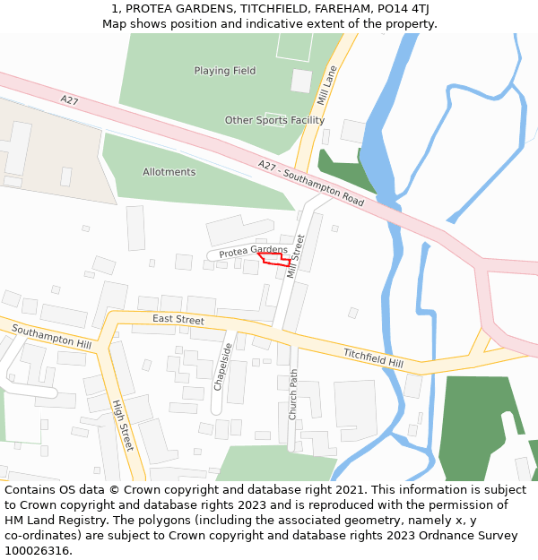 1, PROTEA GARDENS, TITCHFIELD, FAREHAM, PO14 4TJ: Location map and indicative extent of plot
