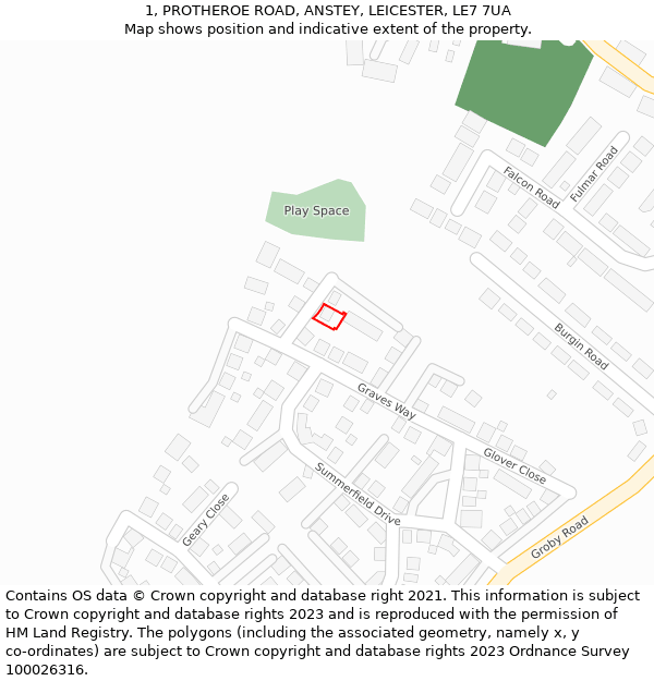 1, PROTHEROE ROAD, ANSTEY, LEICESTER, LE7 7UA: Location map and indicative extent of plot