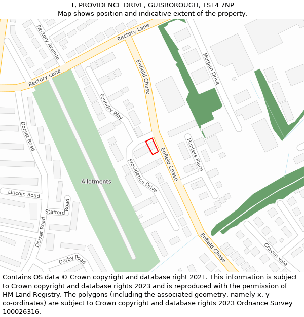 1, PROVIDENCE DRIVE, GUISBOROUGH, TS14 7NP: Location map and indicative extent of plot