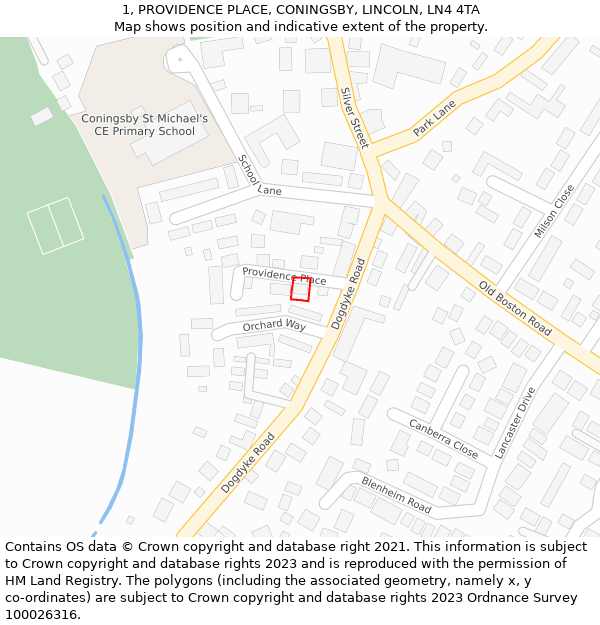 1, PROVIDENCE PLACE, CONINGSBY, LINCOLN, LN4 4TA: Location map and indicative extent of plot