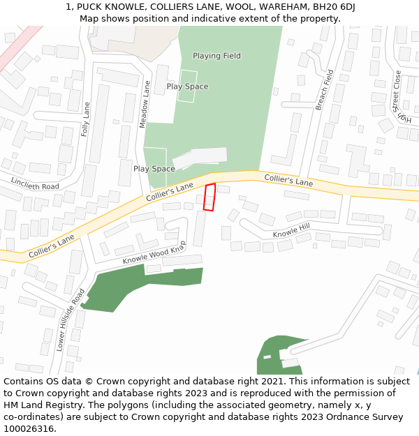 1, PUCK KNOWLE, COLLIERS LANE, WOOL, WAREHAM, BH20 6DJ: Location map and indicative extent of plot