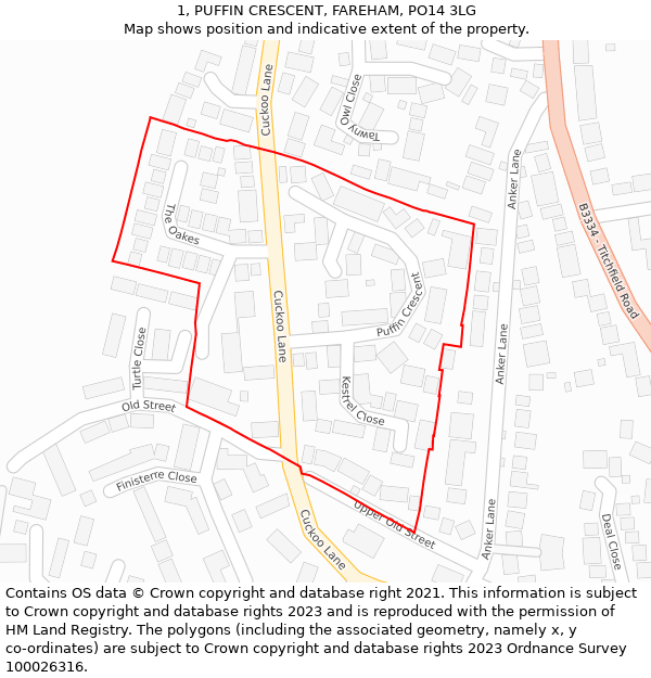 1, PUFFIN CRESCENT, FAREHAM, PO14 3LG: Location map and indicative extent of plot