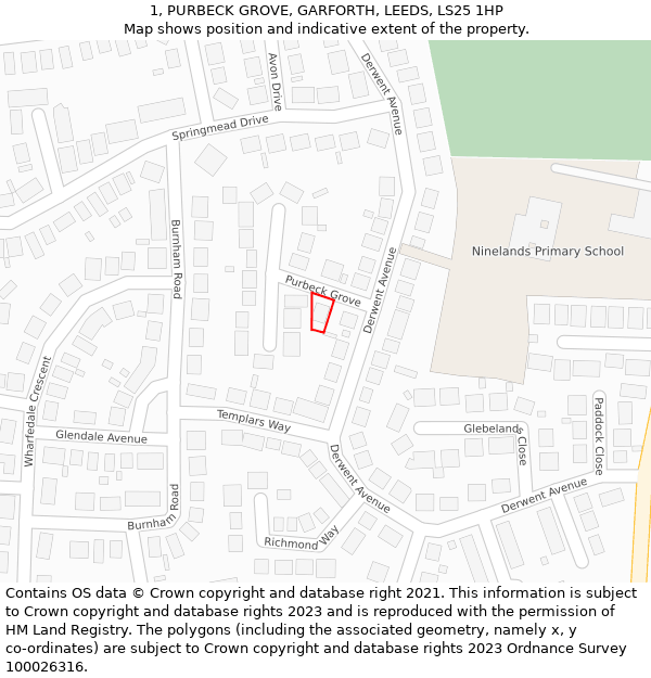 1, PURBECK GROVE, GARFORTH, LEEDS, LS25 1HP: Location map and indicative extent of plot