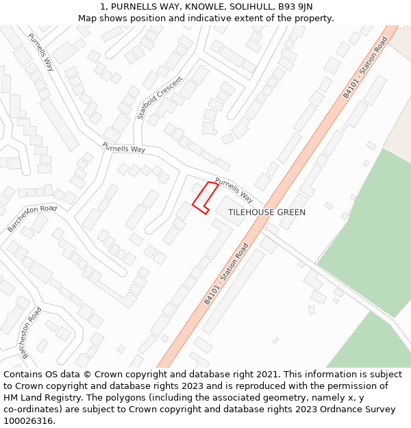 1, PURNELLS WAY, KNOWLE, SOLIHULL, B93 9JN: Location map and indicative extent of plot