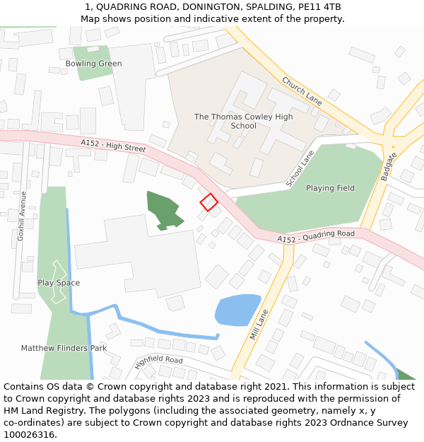 1, QUADRING ROAD, DONINGTON, SPALDING, PE11 4TB: Location map and indicative extent of plot