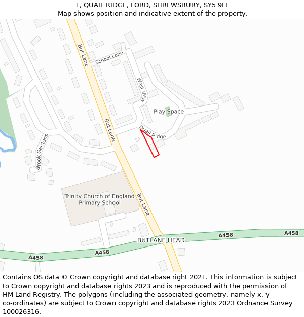 1, QUAIL RIDGE, FORD, SHREWSBURY, SY5 9LF: Location map and indicative extent of plot